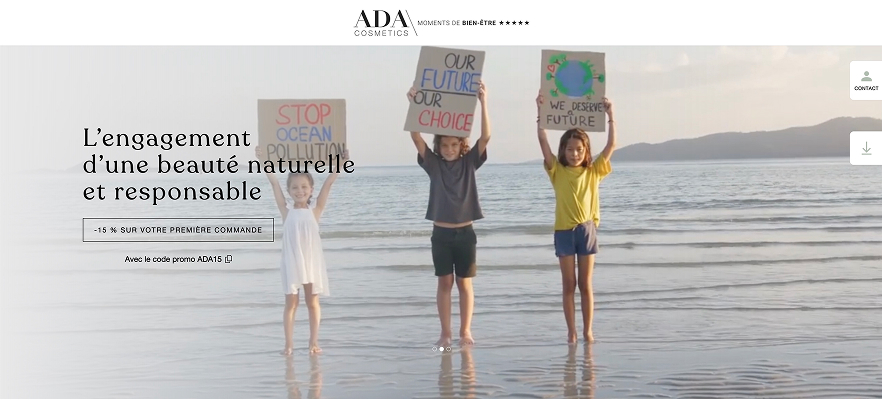 Landing page Ada Cosmetics axée sur les engagements écoresponsables de la marque