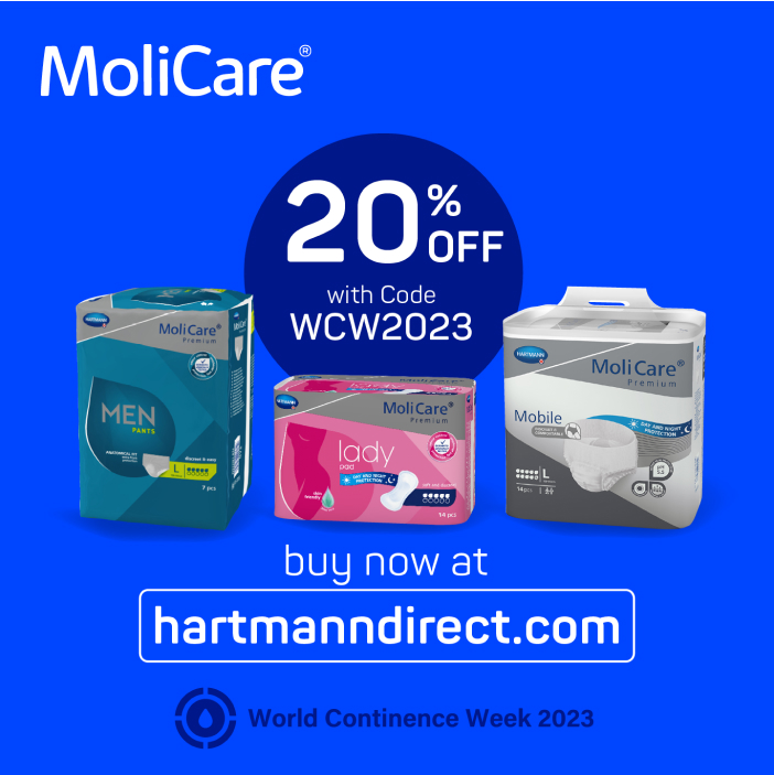 Visuel promotionnel MoliCare HARTMANN avec un code de remise à l'occasion de la World Continence Week