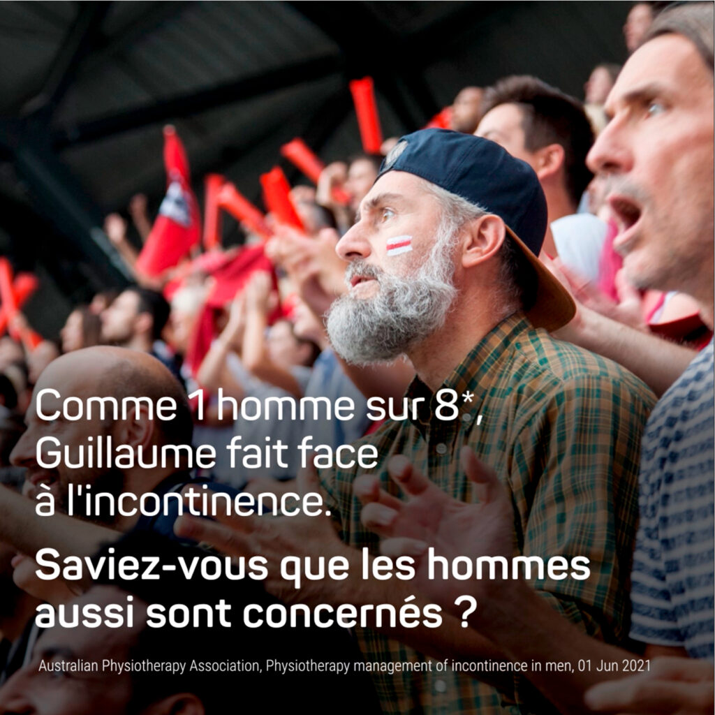 Post visant à sensibiliser les hommes sur la question de l'incontinence avec comme accroche : Comme 1 homme sur 8, Guillaume fait face à l'incontinence