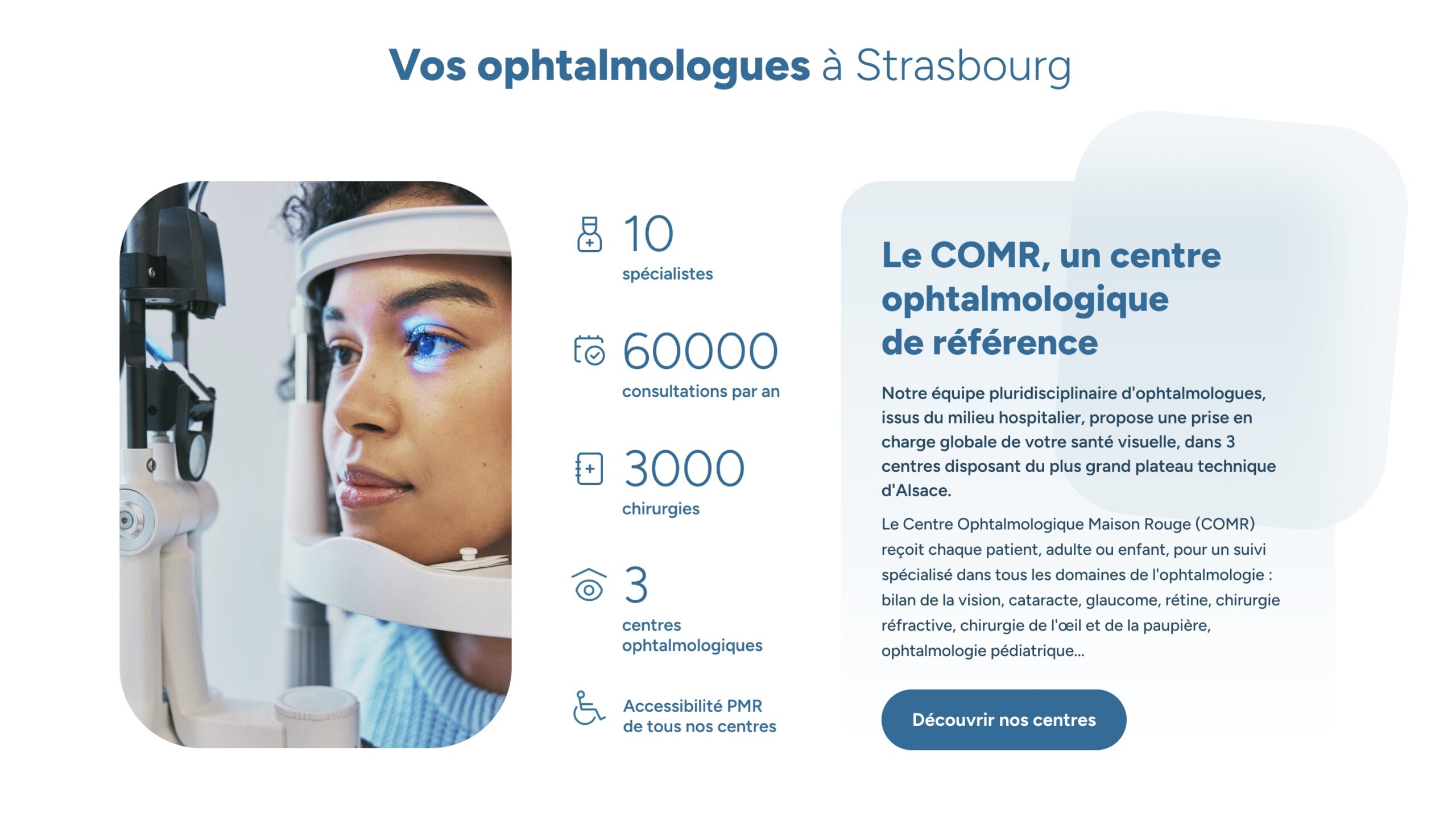 Bloc de la page d'accueil : chiffres clés et présentation du Centre Ophtalmologique Maison Rouge