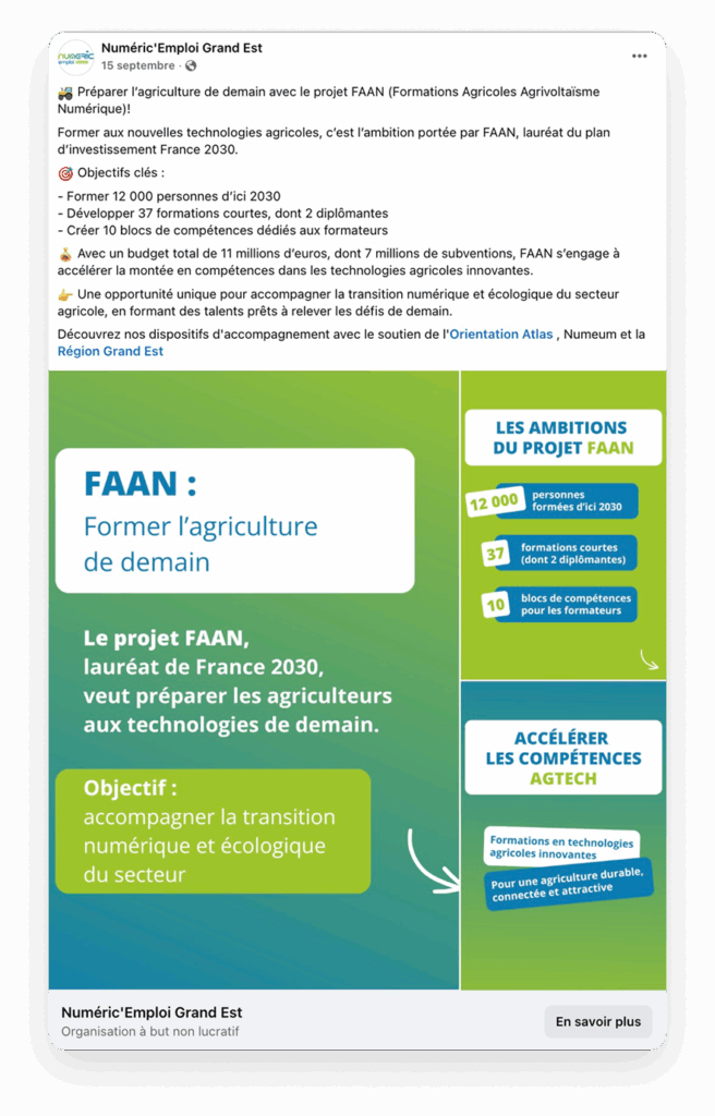 Exemple de post Facebook publié par Numéric’Emploi Grand Est