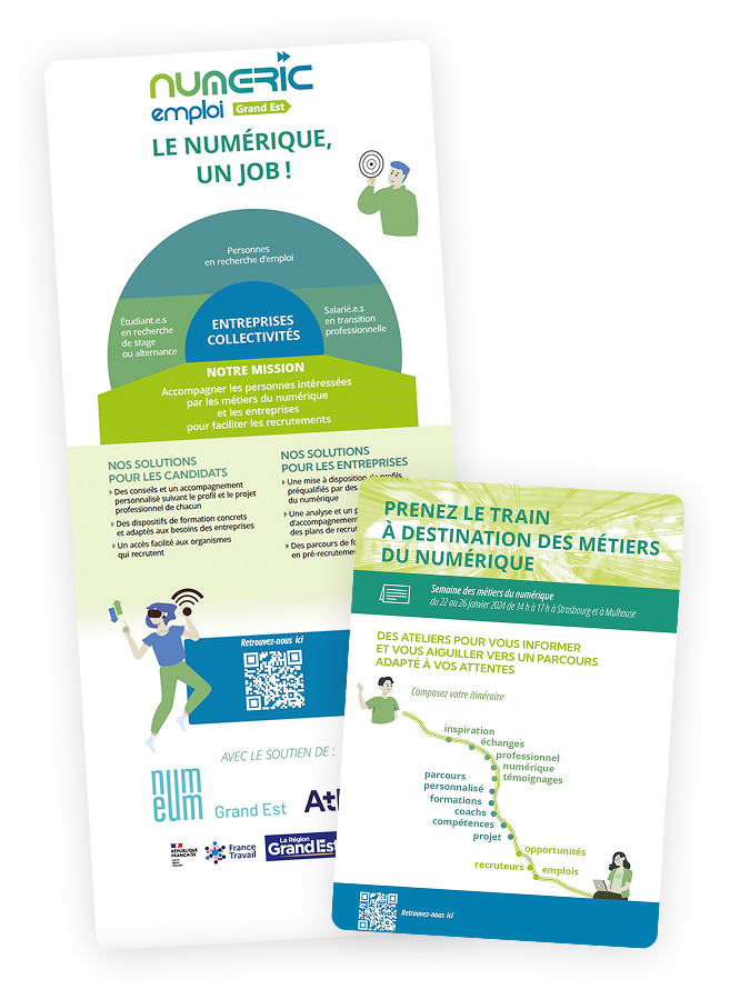 kakémono et flyer créés pour la promouvoir les missions de Numéric’Emploi Grand Est