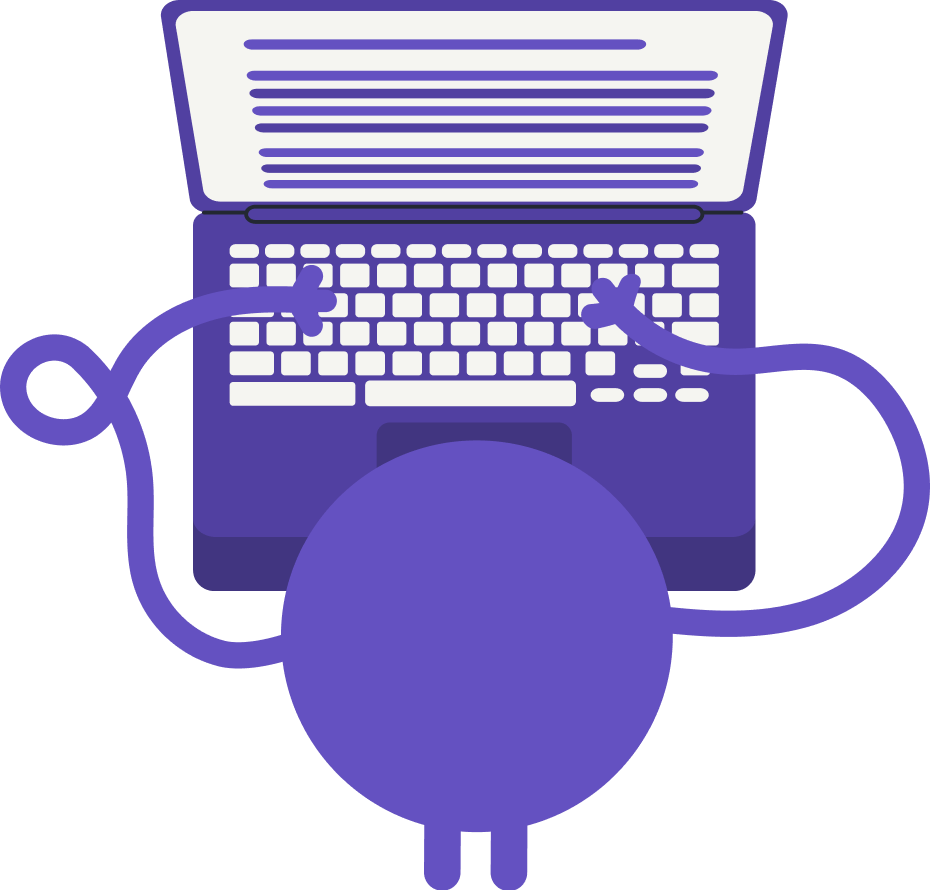 personnage tapant du texte sur un ordinateur portable